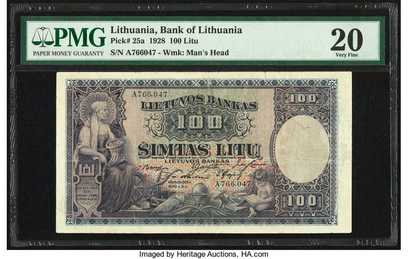 Lithuania Bank of Lithuania 100 Litu 1928 Pick 25a PMG Very Fine 20. 

HID098012...