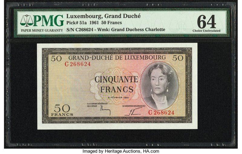 Luxembourg Grand-Duche de Luxembourg 50 Francs 6.2.1961 Pick 51a PMG Choice Unci...