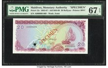 Maldives Maldives Monetary Authority 20 Rufiyaa 1983 / AH1404-08 Pick 12s Specimen PMG Superb Gem Unc 67 EPQ. Red Specimen overprints; one POC.

HID09...