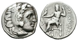 Kingdom of Macedon. Alexander III, "The Great". Dracma. 366-323 a.C. Anv.: Cabeza de Hércules con piel de león a derecha. Rev.: Zeus entronizado a izq...