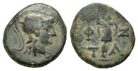 Lesbos. Temnos. AE 14. 350-300 a.C. (Gc-4232 variante). Anv.: Atenea a derecha con casco . Rev.:  Atenea en pie a derecha con lanza y escudo. Ae. 2,11...
