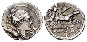 Claudius. Denario. 79 a.C. Auxiliary mint of Rome. (Ffc-567). (Craw-381/1a). (Cal-426). Anv.: Busto diademado de Diana a derecha, con arco y carcaj so...