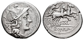 Juventius. Denario. 154 a.C. Rome. (Ffc-799). (Craw-202/1a). (Cal-885). Anv.: Cabeza de Roma a derecha, detrás X. Rev.: Victoria con corona en biga a ...