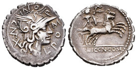 Pomponius. Denario. 118 a.C. Narbo. (Ffc-1027). (Craw-282/4). (Cal-1174). Anv.: Cabeza de Roma a derecha, detrás X, alrededor L POMPONI CN F. Rev.: El...