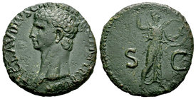 Claudius. As. 41-42 d.C. Rome. (Spink-1861). (Ric-100). Rev.: SC. Minerva avanzando a derecha sosteniendo escudo y lanzando jabalina. Ae. 9,85 g. Leve...