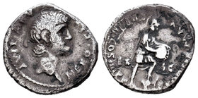 Nero. Denario. 54-68 d.C. Lugdunum. (Ric-28). (Seaby-222). Rev.: (PONTIF MAX TR P) VIII COS IIII P P. Roma de pie a la derecha apoyando el pie sobre e...