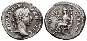 Severus Alexander. Denario. 231 d.C. Rome. (Spink-7863). (Seaby-51 variante). Rev.: FIDES MILITVM. Fe sentada a izquierda con dos estandartes. Ag. 2,4...