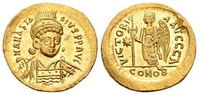 Anastasius. Sólido. 491-518 d.C. Constantinople. (S-5). (Ratto-321). Rev.: VICTORIA AVGGG A / CONOB. Victoria en pie a izquierda con cruz larga, estre...