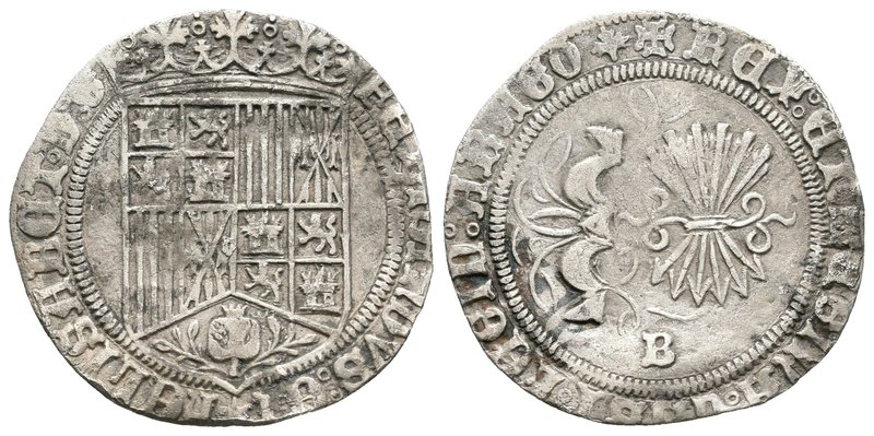 Catholic Kings (1474-1504). 1 real. Burgos. Ag. 2,86 g. Con hoja de perejil en l...