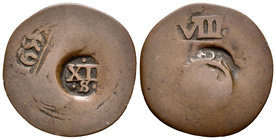 Philip IV (1621-1665). Ae. 4,05 g. Resello de 8 maravedís de 1655 con ceca de Segovia y otro de 12 maravedís con ceca de Sevilla, sobre una moneda de ...