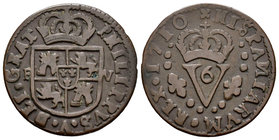 Philip V (1700-1746). Sisé. 1710. Valencia. (Cal-2007). Ae. 5,68 g. N invertida. Almost VF. Est...12,00.