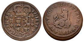 Philip V (1700-1746). 1 maravedí. 1718. Barcelona. (Cal-1943). Ae. 2,14 g. Choice F. Est...9,00.