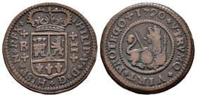 Philip V (1700-1746). 2 maravedís. 1720. Barcelona. (Cal-1942). Ae. 4,49 g. Choice F. Est...10,00.