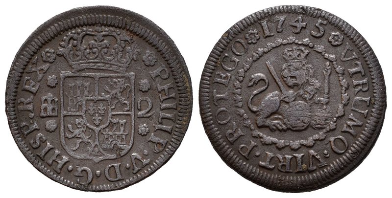 Philip V (1700-1746). 2 maravedís. 1745. Segovia. Ae. 3,75 g. Almost VF. Est...1...