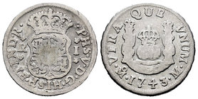 Philip V (1700-1746). 1 real. 1743. México. M. (Cal-1605). Ag. 3,08 g. Resto de soldadura limada en anverso. Choice F. Est...20,00.