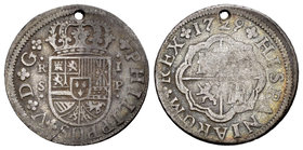 Philip V (1700-1746). 1 real. 1729. Sevilla. P. (Cal-1715). Ag. 2,30 g. Agujero. Choice F. Est...15,00.