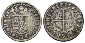 Philip V (1700-1746). 1 real. 1745. Sevilla. PJ. (Cal-1731). Ag. 2,93 g. Choice F. Est...15,00.