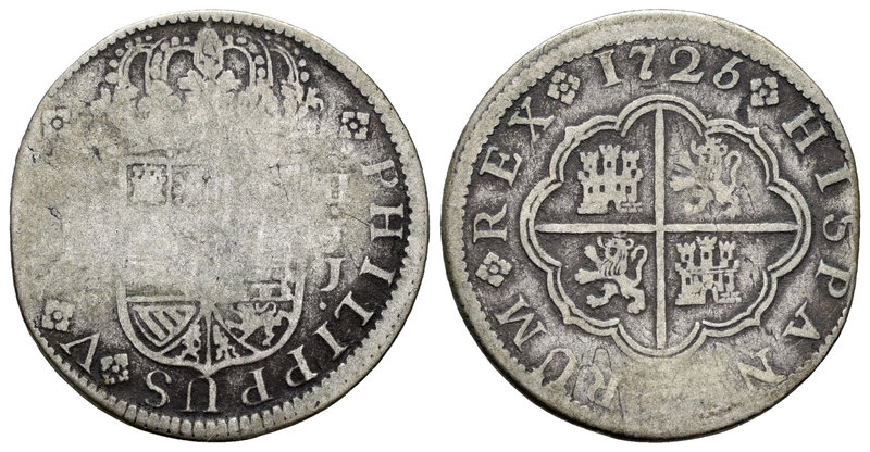 Philip V (1700-1746). 2 reales. 1726. Cuenca. JJ. (Cal-1164). Ag. 5,01 g. Almost...