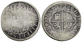 Philip V (1700-1746). 2 reales. 1726. Cuenca. JJ. (Cal-1164). Ag. 5,01 g. Almost F/Choice F. Est...15,00.