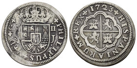 Philip V (1700-1746). 2 reales. 1723. Sevilla. J. (Cal-1425). Ag. 4,61 g. Choice F. Est...15,00.