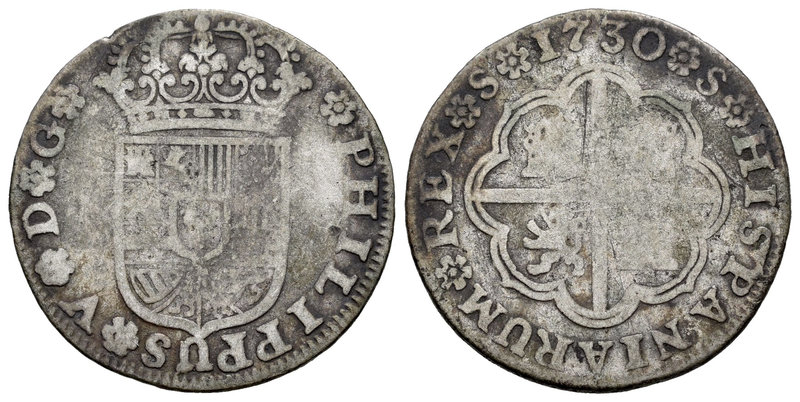 Philip V (1700-1746). 2 reales. 1730. Sevilla. (Cal-1430). Ag. 5,41 g.  Sin valo...