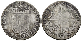 Philip V (1700-1746). 2 reales. 1730. Sevilla. (Cal-1430). Ag. 5,41 g.  Sin valor ni ensayador. Almost F. Est...10,00.