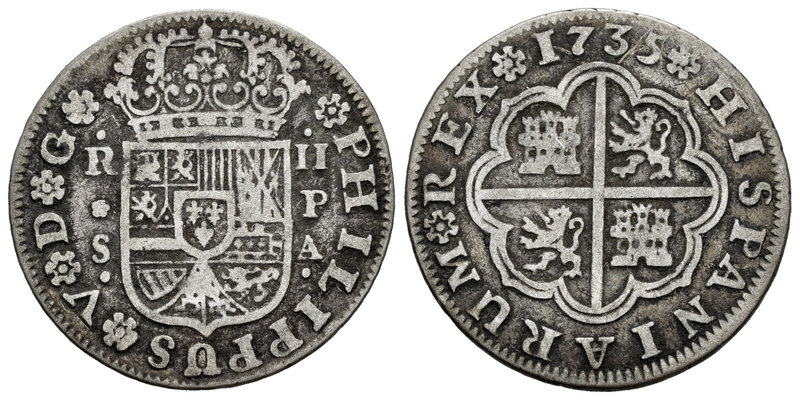 Philip V (1700-1746). 2 reales. 1735. Sevilla. PA. (Cal-1435). Ag. 5,45 g. Choic...