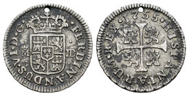Ferdinand VI (1746-1759). 1/2 real. 1755. Madrid. PJ. (Cal-655). Ag. 1,35 g. Agujero. VF. Est...15,00.