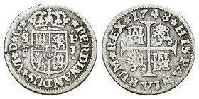 Ferdinand VI (1746-1759). 1/2 real. 1748. Sevilla. PJ. Ag. 1,35 g. Rayas. Escasa. Choice F. Est...60,00.