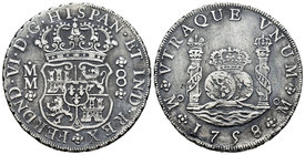 Ferdinand VI (1746-1759). 8 reales. 1758. México. MM. (Cal-337). Ag. 26,46 g. Cleaned. VF. Est...200,00.