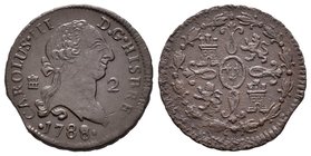 Charles III (1759-1788). 2 maravedís. 1788/7. Segovia. Ae. 2,30 g. Clara rectificación de fecha. Almost VF/VF. Est...35,00.
