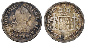 Charles III (1759-1788). 1/2 real. 1784. México. FM. (Cal-1777). Ag. 1,64 g. Choice F. Est...12,00.