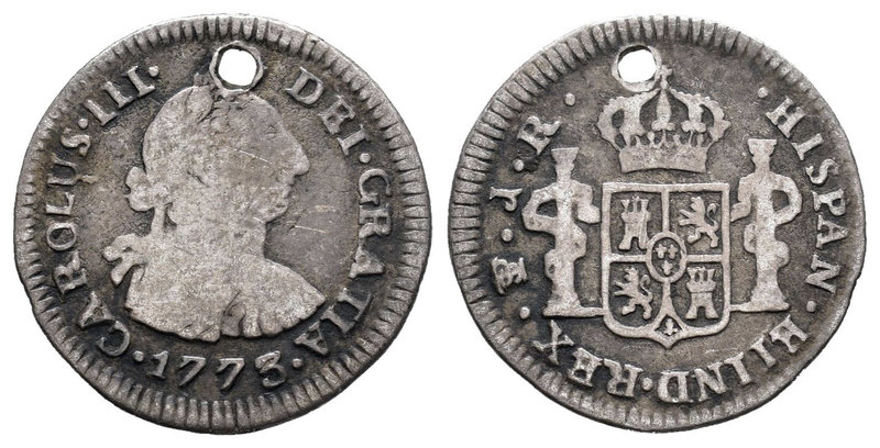 Charles III (1759-1788). 1/2 real. 1773. Potosí. JR. (Cal-1798). Ag. 1,48 g. Agu...