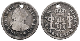 Charles III (1759-1788). 1/2 real. 1773. Potosí. JR. (Cal-1798). Ag. 1,48 g. Agujero. F/Choice F. Est...9,00.