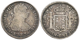 Charles III (1759-1788). 2 reales. 1773. México. FM. (Cal-1338). Ag. 6,55 g. Ceca y ensayadores invertidos. Escasa. Choice F/Almost VF. Est...30,00.