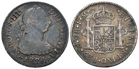 Charles III (1759-1788). 2 reales. 1774. México. FM. (Cal-1341). Ag. 6,72 g. Pátina oscura. Choice F/Almost VF. Est...25,00.