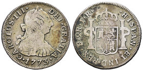 Charles III (1759-1788). 2 reales. 1773. Potosí. JR. (Cal-1381). Ag. 6,37 g. Primer año de busto. Iniciales grabadas en el busto. Escasa. Choice F. Es...