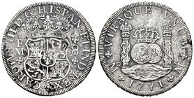 Charles III (1759-1788). 8 reales. 1771. México. FM. Ag. 24,40 g. Oxidaciones marinas y defecto junto al canto. Almost VF. Est...180,00.