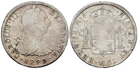 Charles III (1759-1788). 8 reales. 1772. México. FM. (Cal-916). Ag. 26,34 g. Primer año de busto propio. Ceca y ensayadores invertidos. Escasa. F. Est...