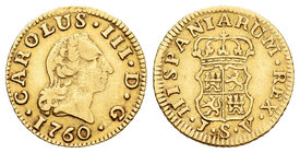 Charles III (1759-1788). 1/2 escudo. 1760. Sevilla. JV. (Cal-784). Au. 1,76 g. VF. Est...130,00.