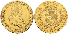 Charles III (1759-1788). 8 escudos. 1762. Santiago. J. (Cal-204). (Cal onza-901). Au. 26,98 g. Busto de Fernando VI. Estuvo en aro, aun así bonita pre...