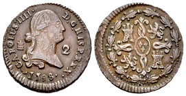 Charles IV (1788-1808). 2 maravedís. 1798. Segovia. (Cal-1531). Ae. 2,53 g. Choice VF. Est...20,00.