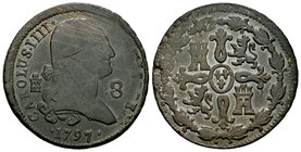 Charles IV (1788-1808). 8 maravedís. 1797. Segovia. (Cal-1488). Ae. 10,84 g. Rayas en anverso. VF. Est...30,00.