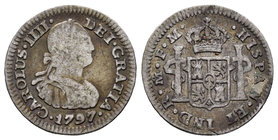 Charles IV (1788-1808). 1/2 real. 1797. México. FM. (Cal-1291). Ag. 1,56 g. Choice F. Est...10,00.