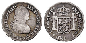 Charles IV (1788-1808). 1/2 real. 1806. México. TH. (Cal-1301). Ag. 1,61 g. F. Est...15,00.