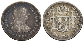 Charles IV (1788-1808). 1 real. 1790. México. FM. (Cal-1136). Ag. 3,16 g. Busto de Carlos III y numeral del rey IV. Escasa. F/Choice F. Est...15,00.
