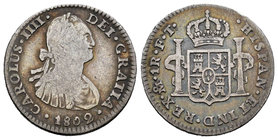 Charles IV (1788-1808). 1 real. 1802. México. FT. (Cal-1150). Ag. 3,28 g. Almost VF. Est...20,00.