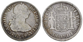 Charles IV (1788-1808). 2 reales. 1789. México. FM. (Cal-983). Ag. 6,38 g. Busto de Carlos III y numeral del rey IV. Escasa. Choice F. Est...18,00.