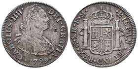 Charles IV (1788-1808). 2 reales. 1799. México. FM. (Cal-993). Ag. 6,50 g. Golpe en anverso. Almost VF/VF. Est...30,00.