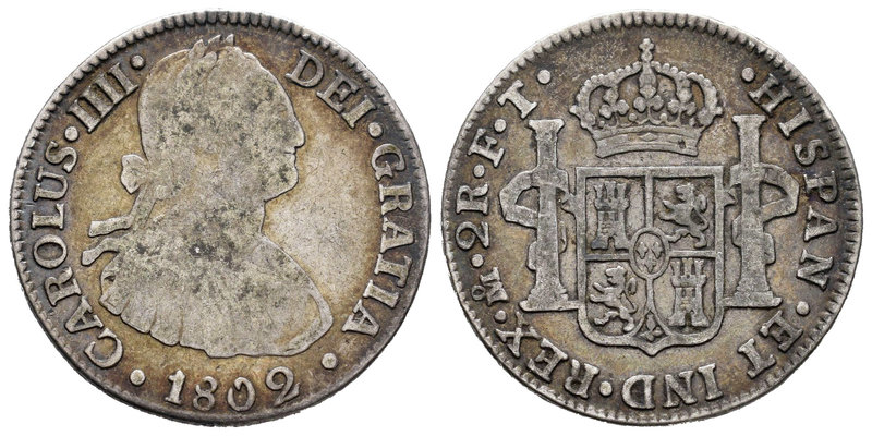 Charles IV (1788-1808). 2 reales. 1802. México. FT. (Cal-997). Ag. 6,44 g. Choic...